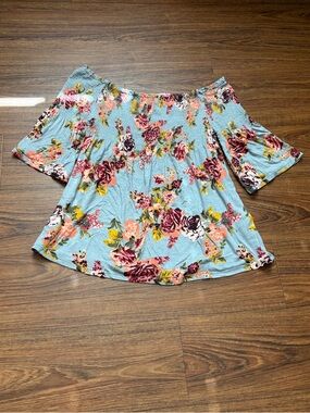 Rewind Pale Blue Floral Off-Shoulder Tunic